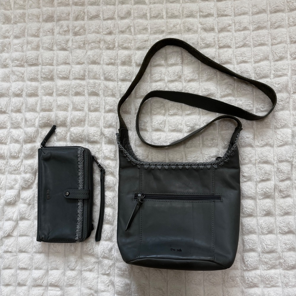 The Sak Asher Gray Leather Crossbody Handbag AND Matching Wallet